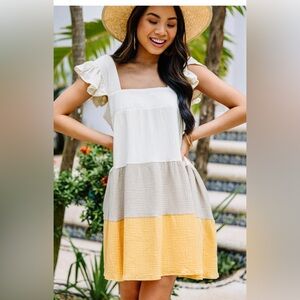 AURA Gauze Flutter Tiered Mini Summer Dress Colorblock , size M
